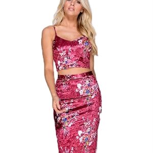 2PC Wine and Pink Color Floral Print Velvet Skirt Set. Size 2